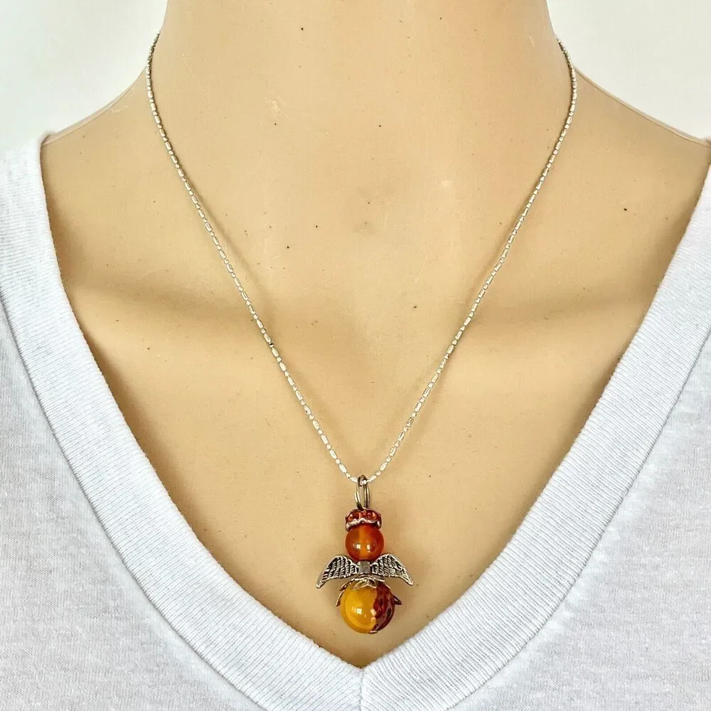 Angel Bead Charm Necklace 17in Silver Tone Ball & Bar Chain Amber Color